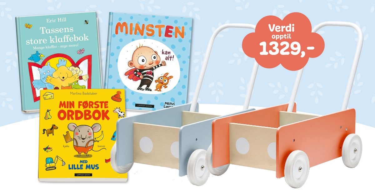 Få lær-å-gå-vogn og tre valgfrie barnebøker i velkomstgave