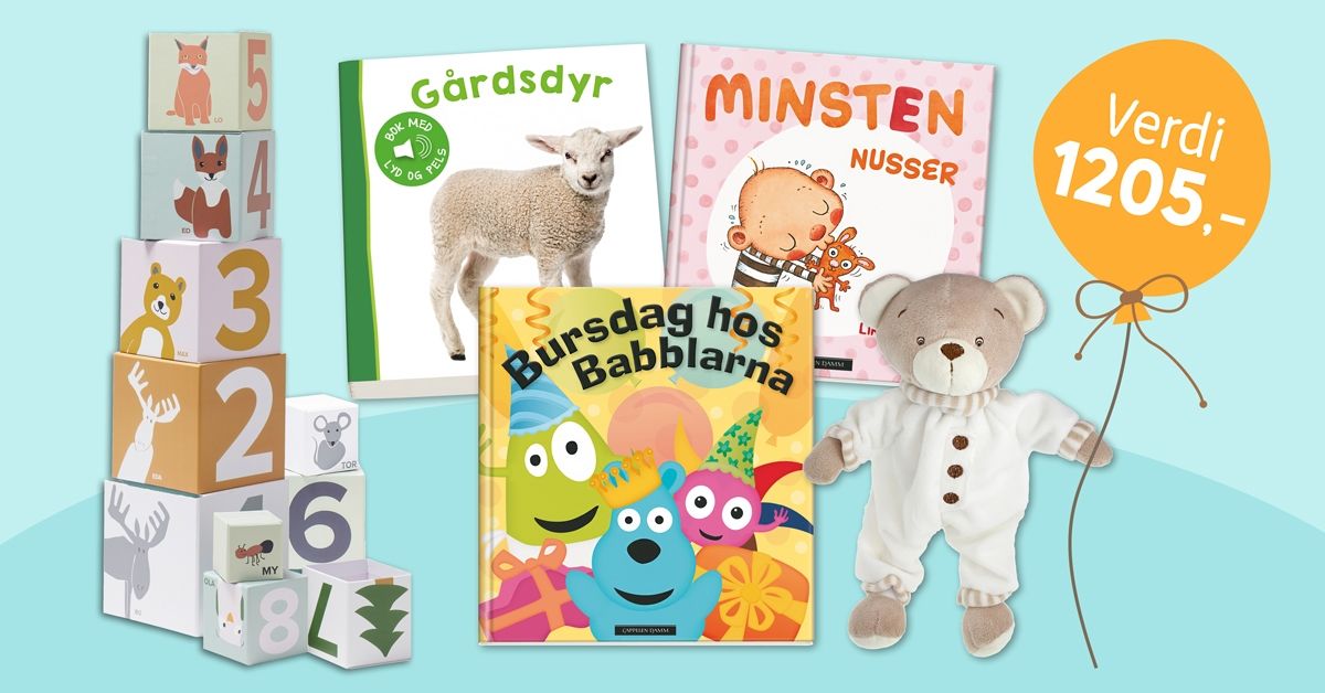 Få stoffbamse, Kids Concept stableklosser og barnebøker