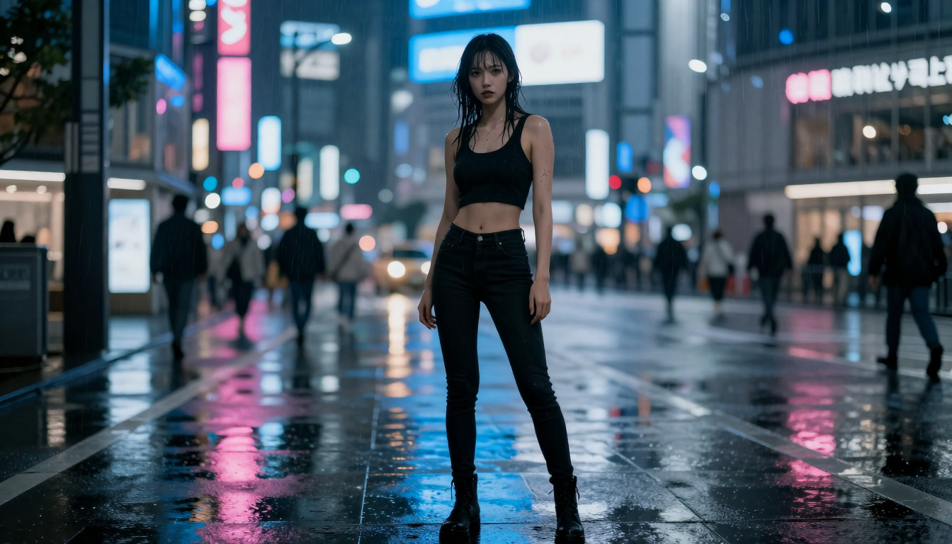 Realistic AI-generated image of a woman standing in rain-soaked Shibuya at night, surrounded by neon reflections and crowd silhouettes.