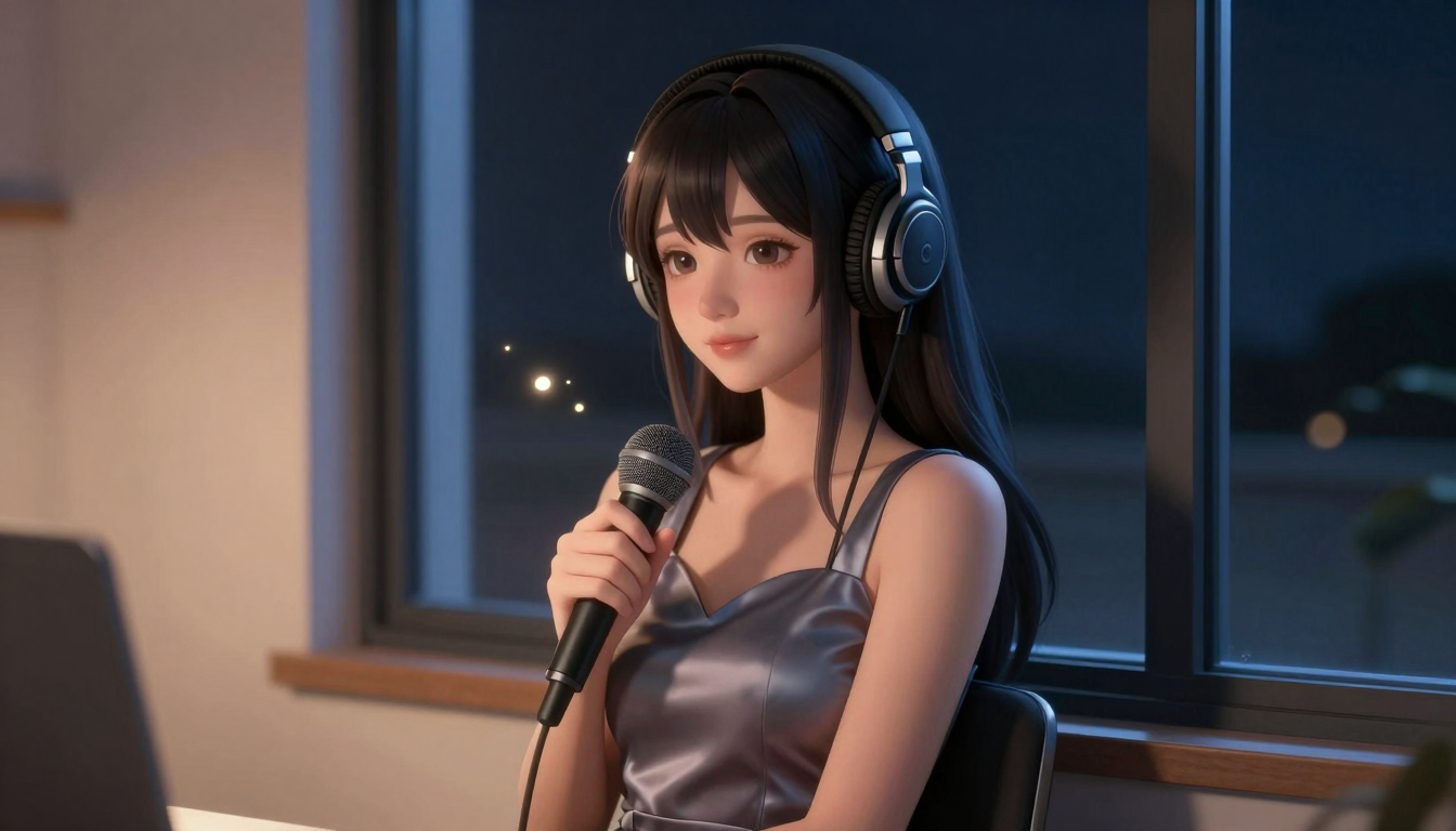 image of an AI girl wearing headphones speaking into the microphone with the user. 