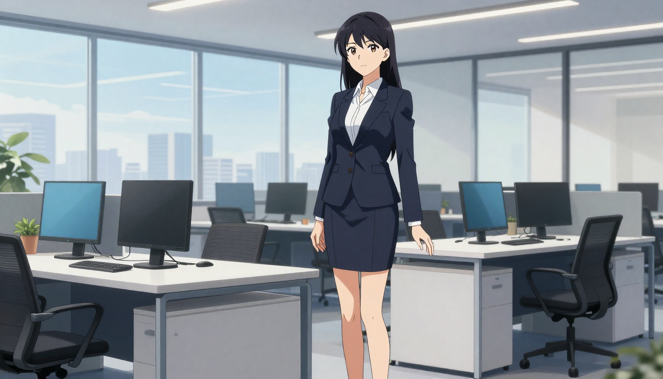 Anime image of a woman that is disproportionately larger than her environment.