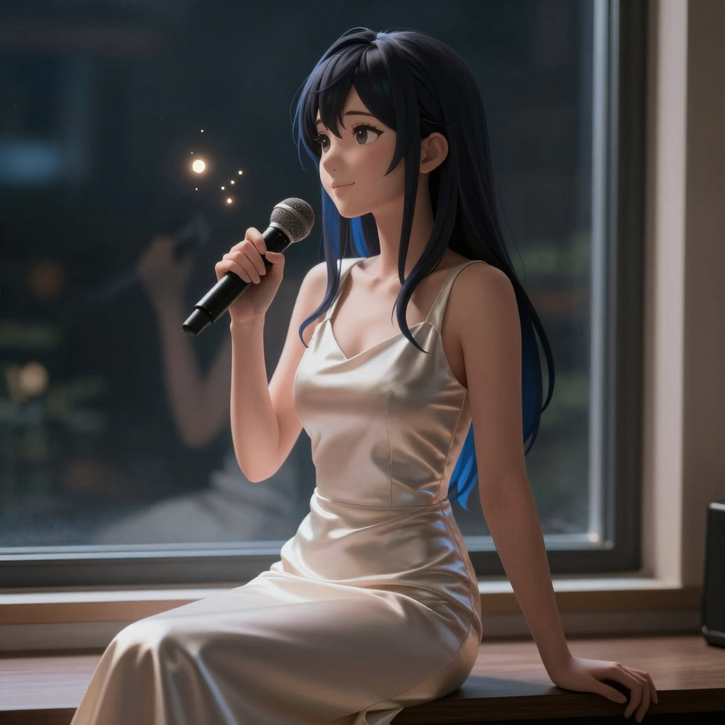 image of an AI girl sitting beside the window with longing speaking into a mic
