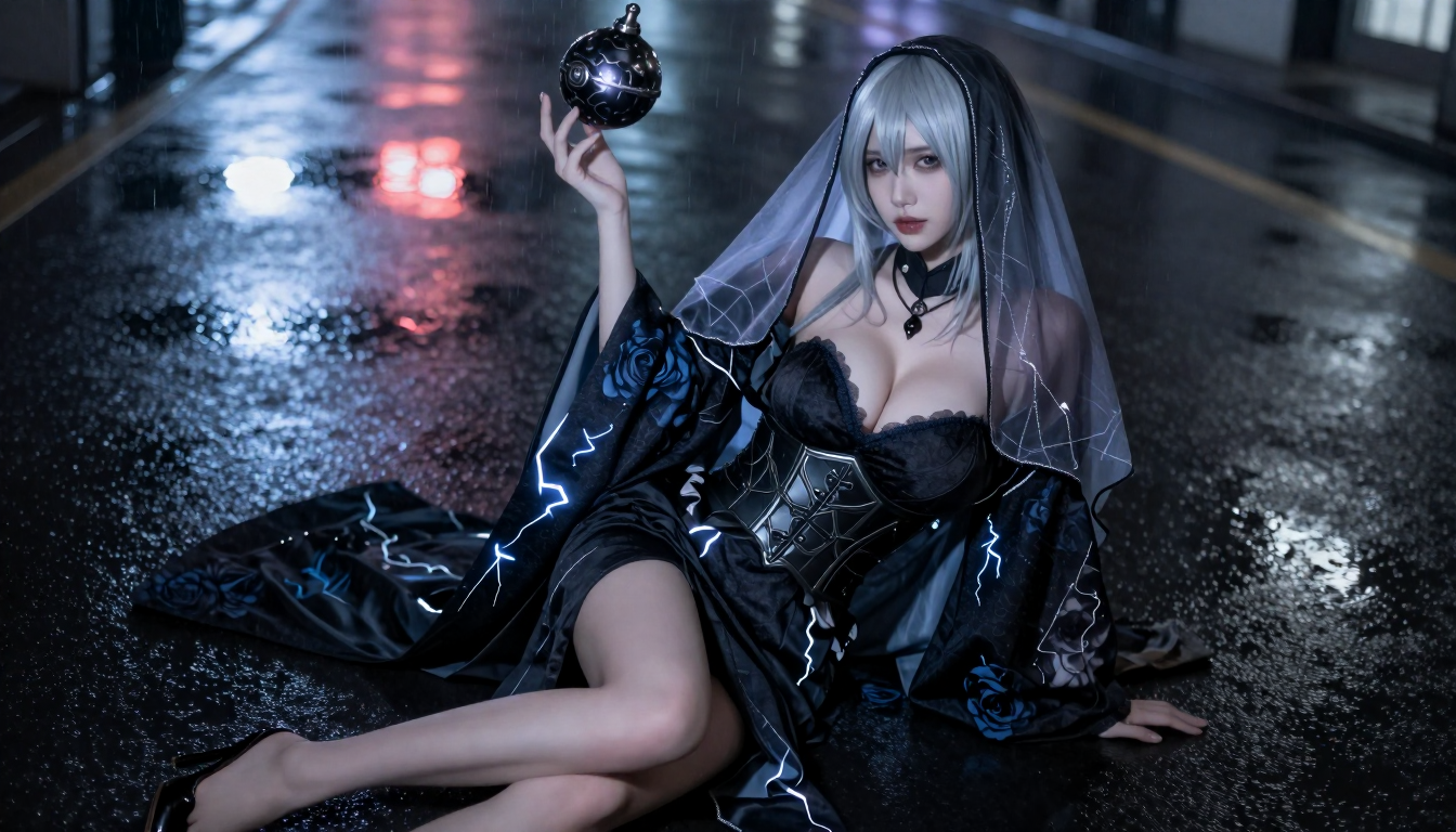 Image of a woman sitting on the wet shibuya street in a costume with lightning and dark blue roses to illustrate the composition ability of Z-image