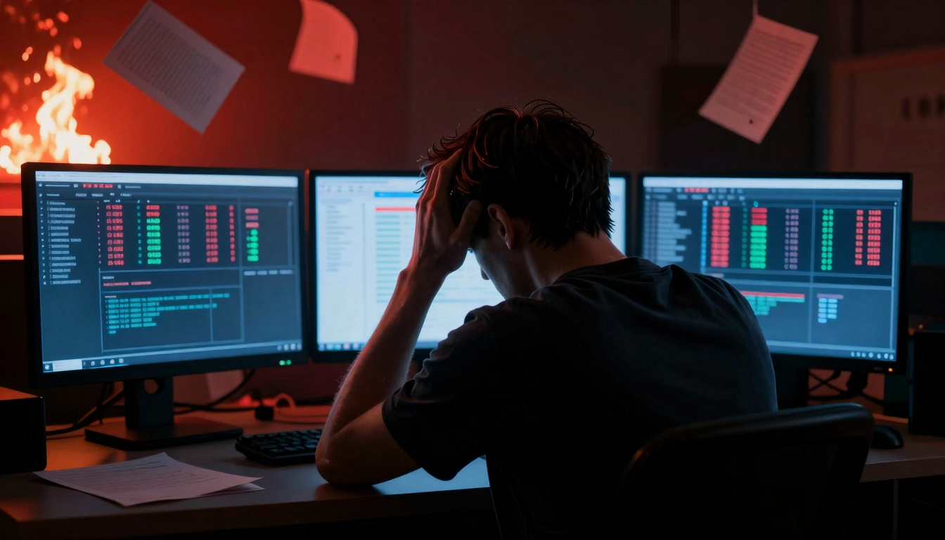 A man seen from behind sitting at a desk surrounded by chaotic trading screens and a burning environment, representing confusion and overwhelming financial data.