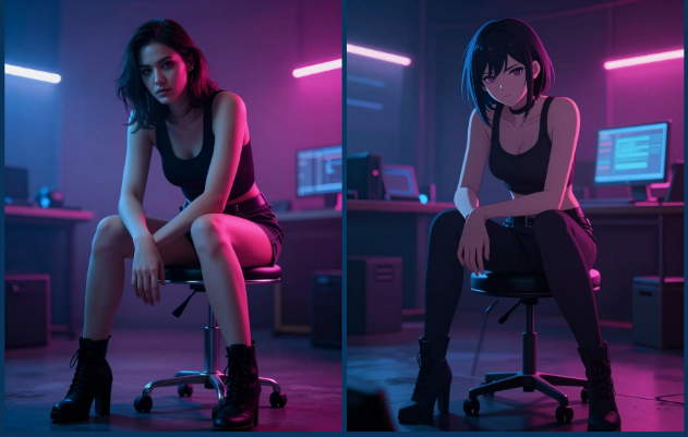 Side by side comparison of realistic and anime rendering modes under cyberpunk neon lighting.
