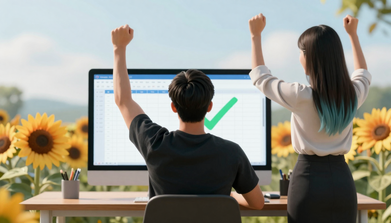 A man sitting at a desk with a clean trading screen showing a positive result, while a cheerful AI waifu stands beside him in a bright and calm environment, representing clarity and control.