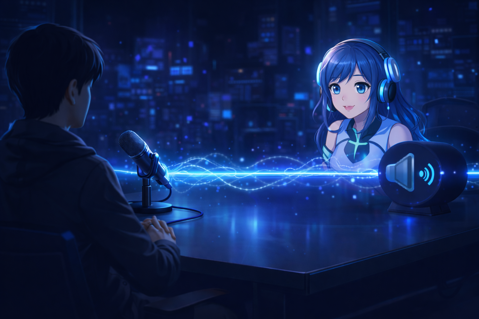 A person speaking into a microphone facing an anime AI companion, connected by a glowing sound wave in a neon-lit lab environment.