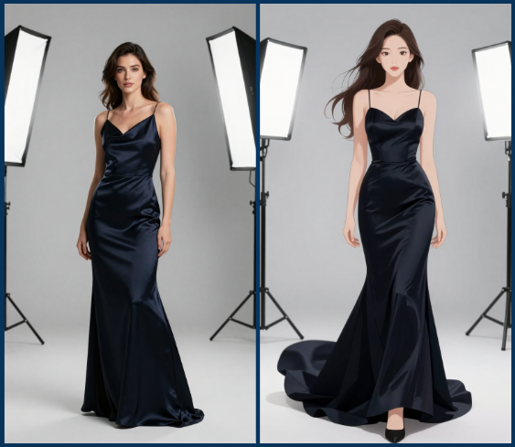 Side by side comparison of realistic and anime rendering modes under photo-shoot studio lighting.