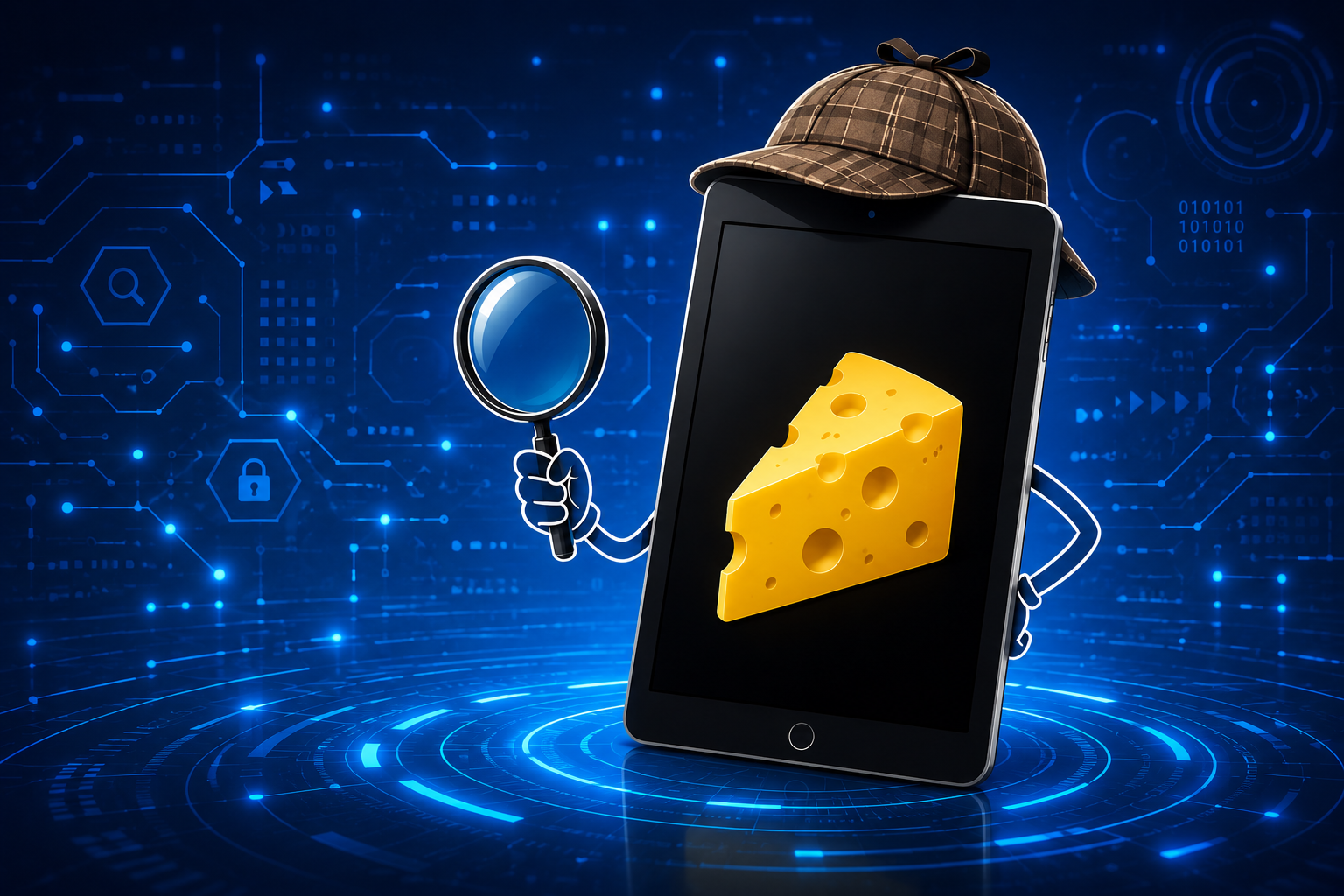 Image of a tablet holding a magnifying glass and wearing a detective hat. The screen is displaying a wedge of cheese