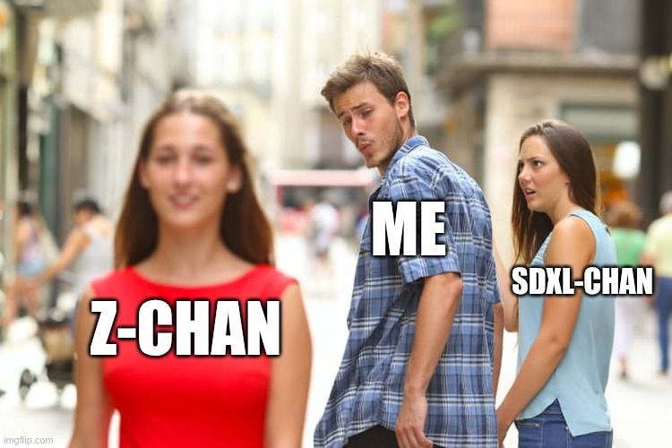 Image of a man with the representation of SDXL and distracted by the better looking Z-image representation