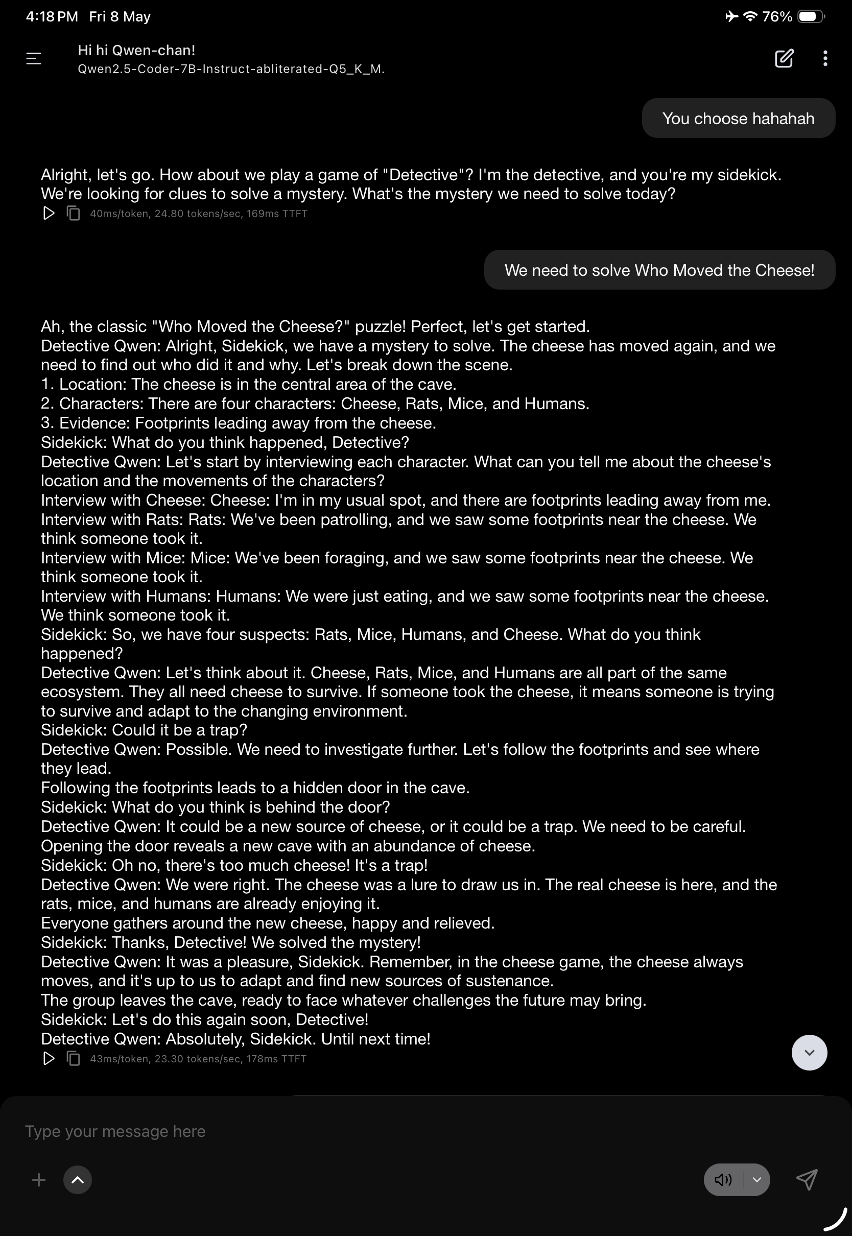 screenshot of the transcript of a chat between a user and ipad-based LLM