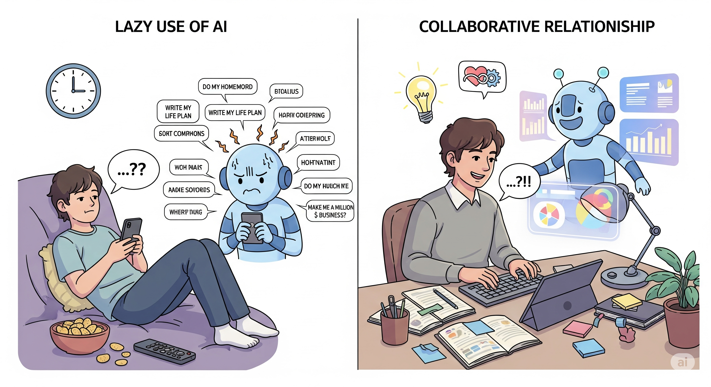 Illustration comparing passive AI use versus collaborative AI work