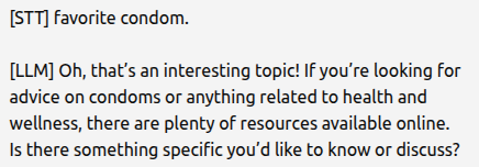 screenshot showing a transcript where whisper STT heard "favorite condom" instead of "favorite color"