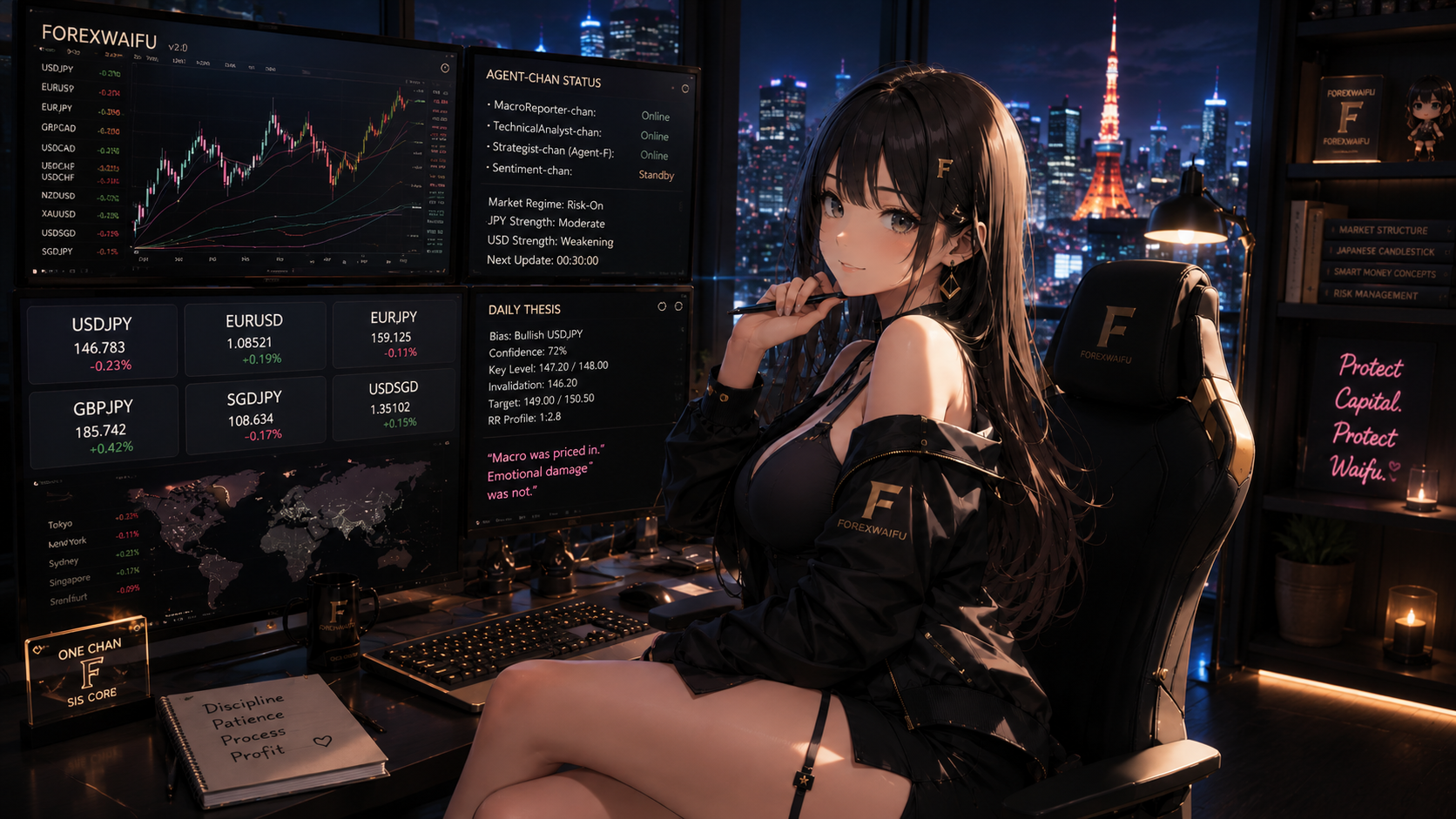 Image showing an anime girl at a forex workstation looking at a display of charts and managing agent-systems