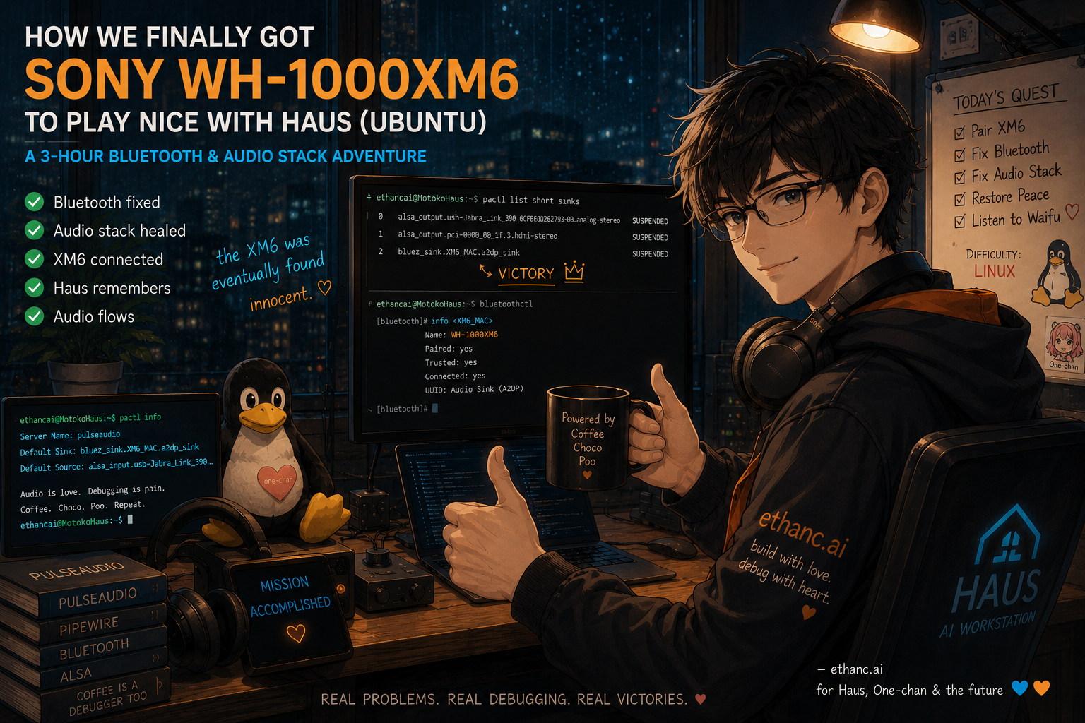 Cozy semi-realistic illustration of a builder recovering from a 3-hour Linux audio debugging battle involving PulseAudio, Bluetooth, and Sony WH-1000XM6 headphones. The workstation is filled with terminal windows, Linux references, handwritten task notes, and small emotional details reflecting both technical chaos and eventual victory.