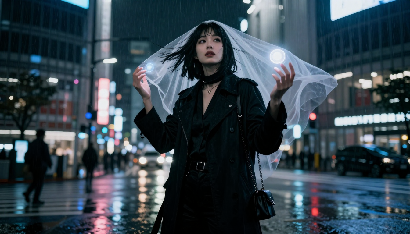 image of a woman in Shibuya at night in the rain with dramatic lighting