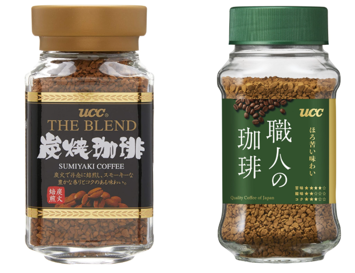 image of UCC Sumiyaki instant coffee on the left and UCC Artisan Bittersweet on the right