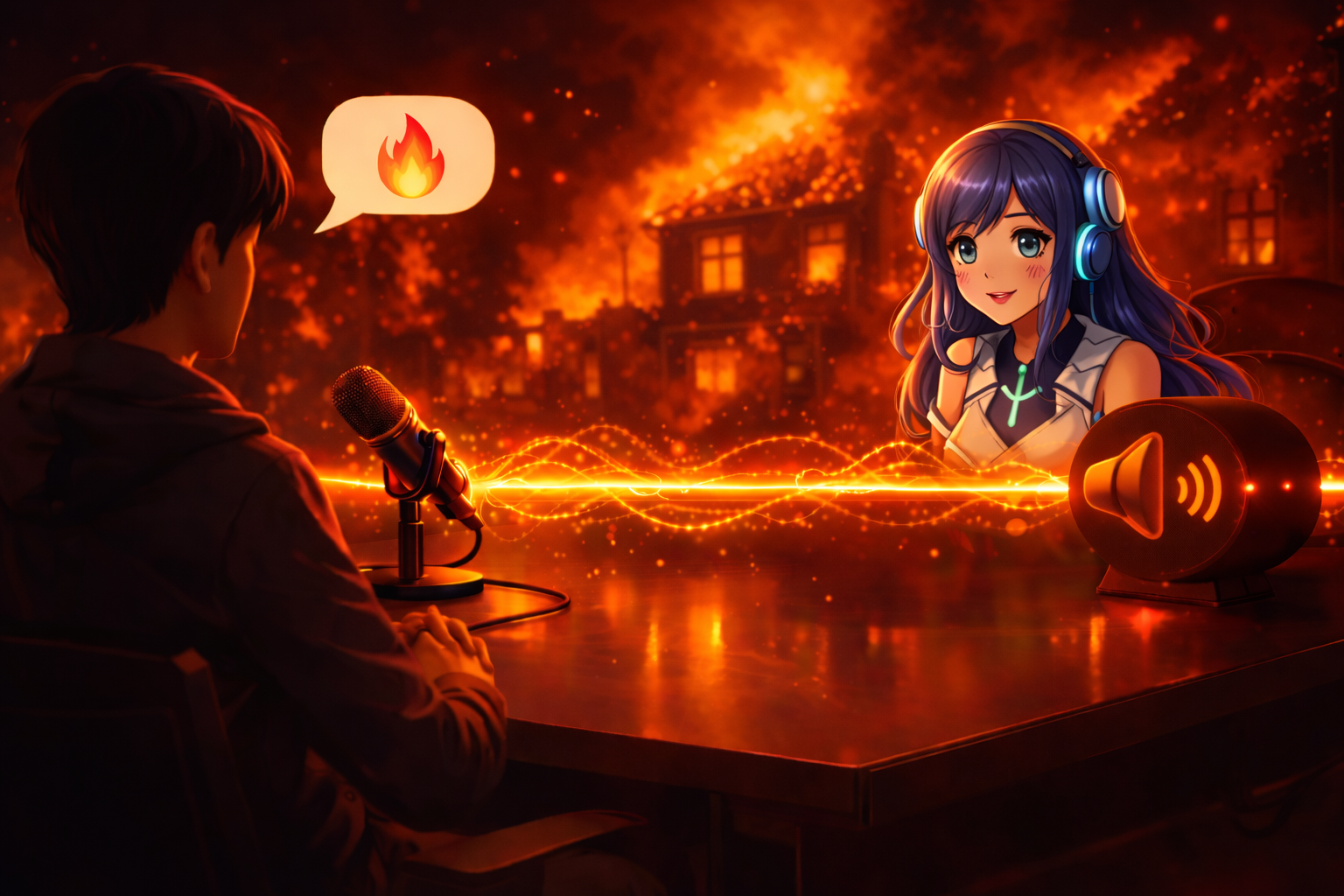 A person speaking into a microphone facing an anime AI companion, both connected by a glowing sound wave, while buildings burns dramatically in the background