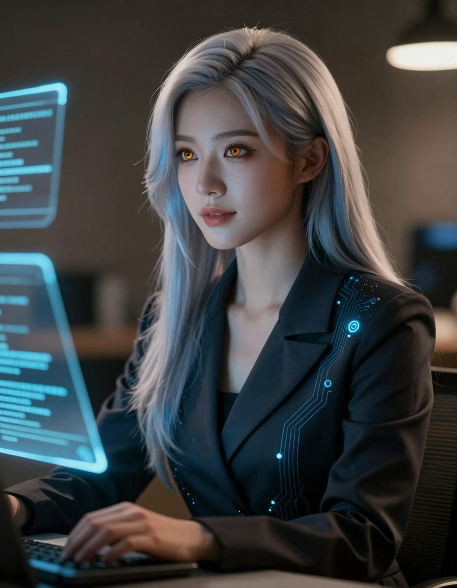 female programmer in business suit with a luminous circuit design working at a blue screen