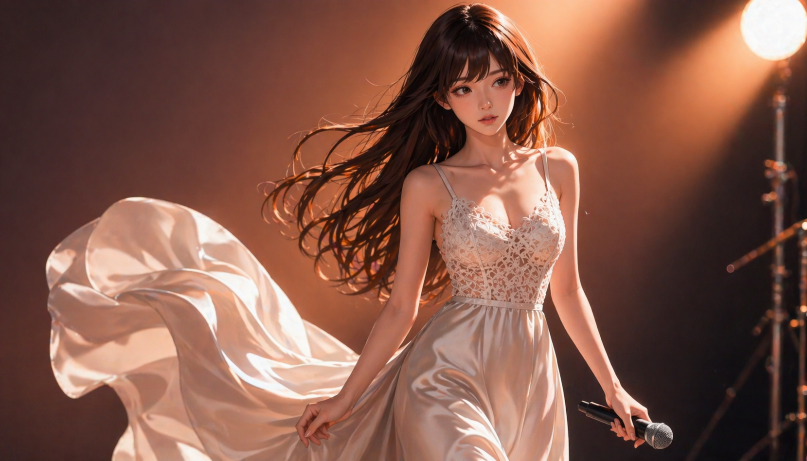Image of a semi-realistic girl wearing a billowy dress and holding a mic.