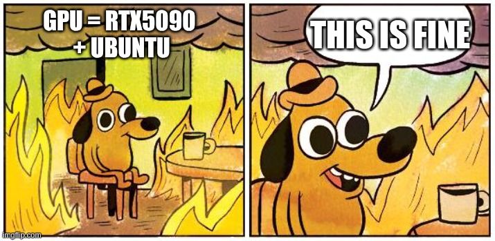 A dog setting up RTX-5090 graphics card on Linux OS and saying it is fine.