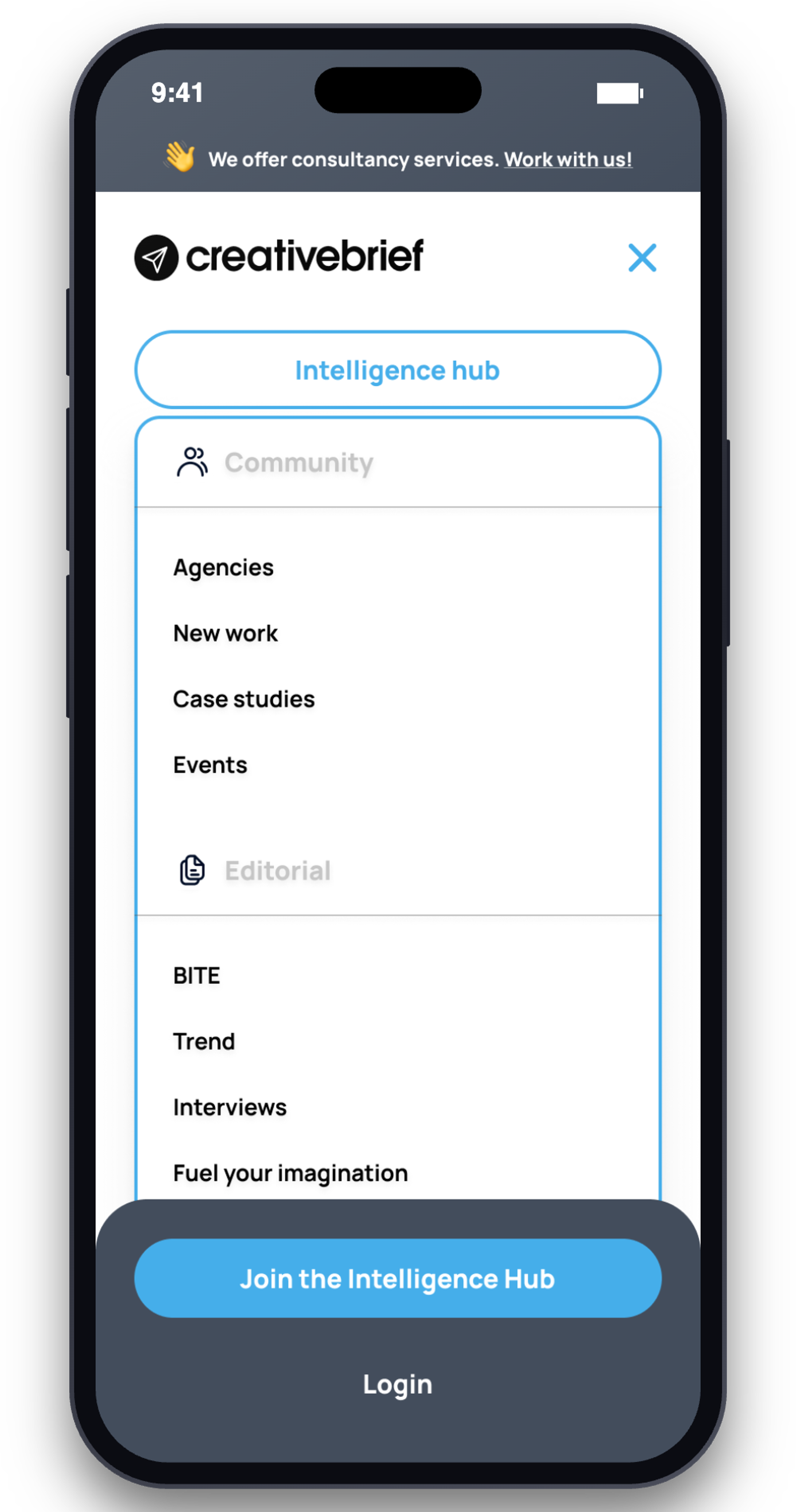 Creativebrief: Mobile menu, logged out