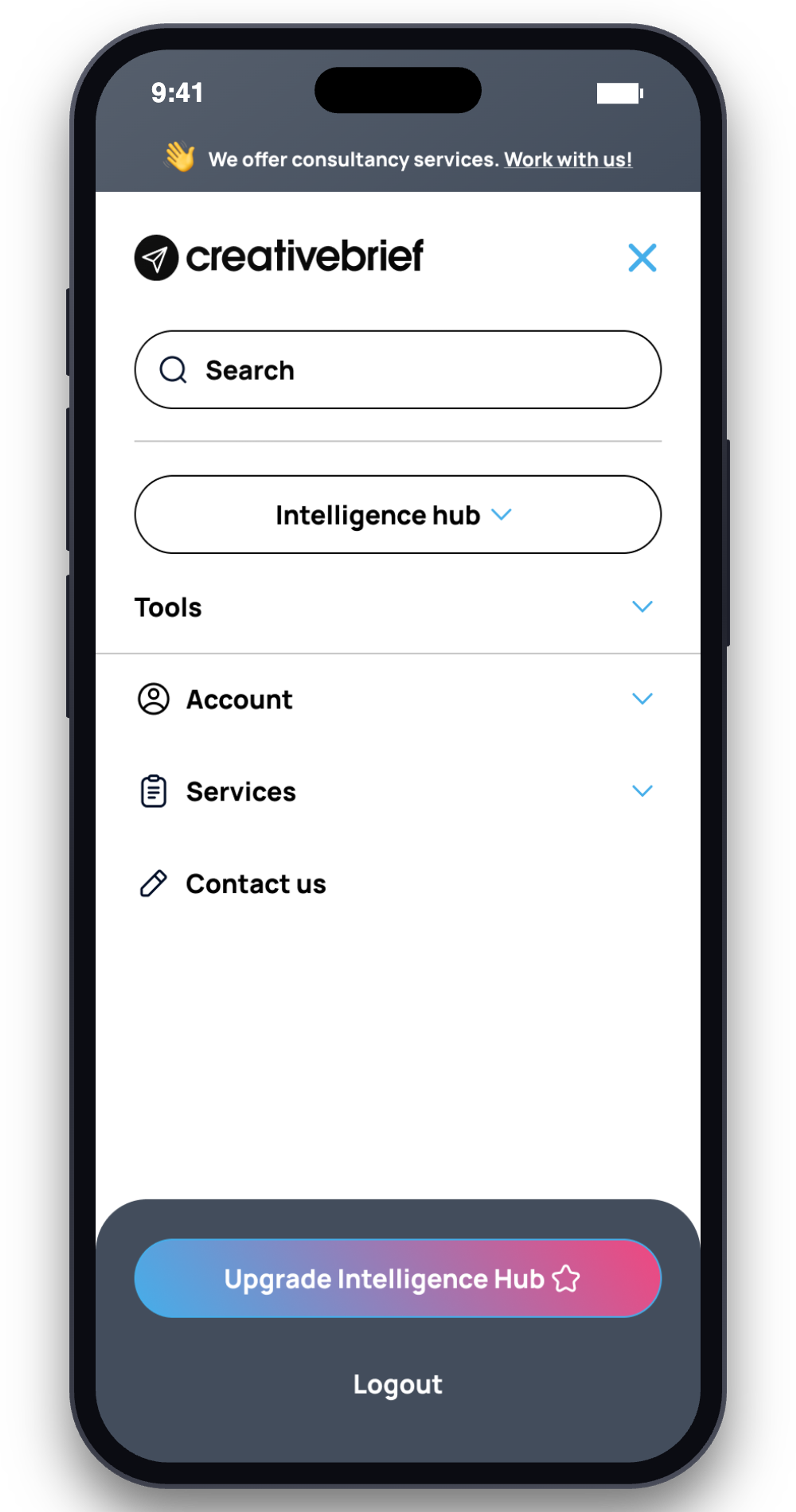 Creativebrief: Mobile menu, logged in