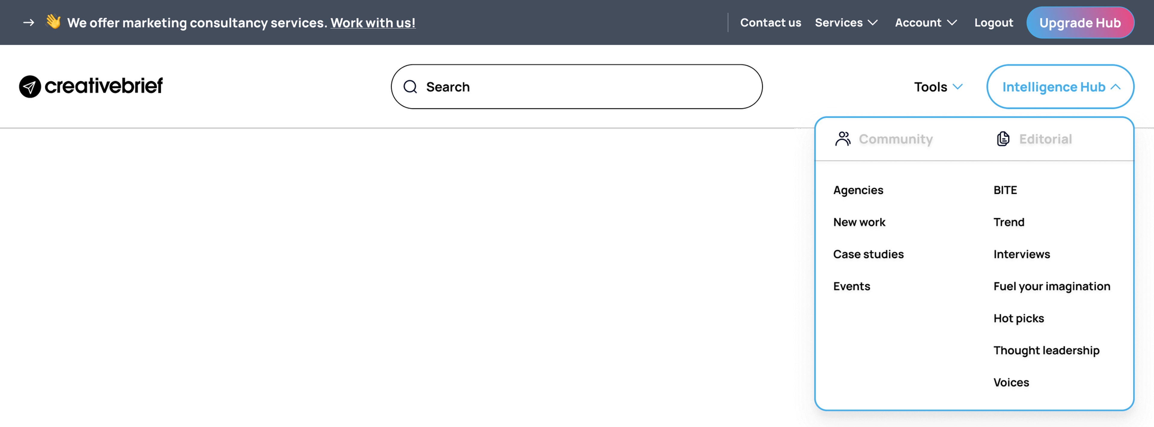 Creativebrief: Intelligence Hub menu