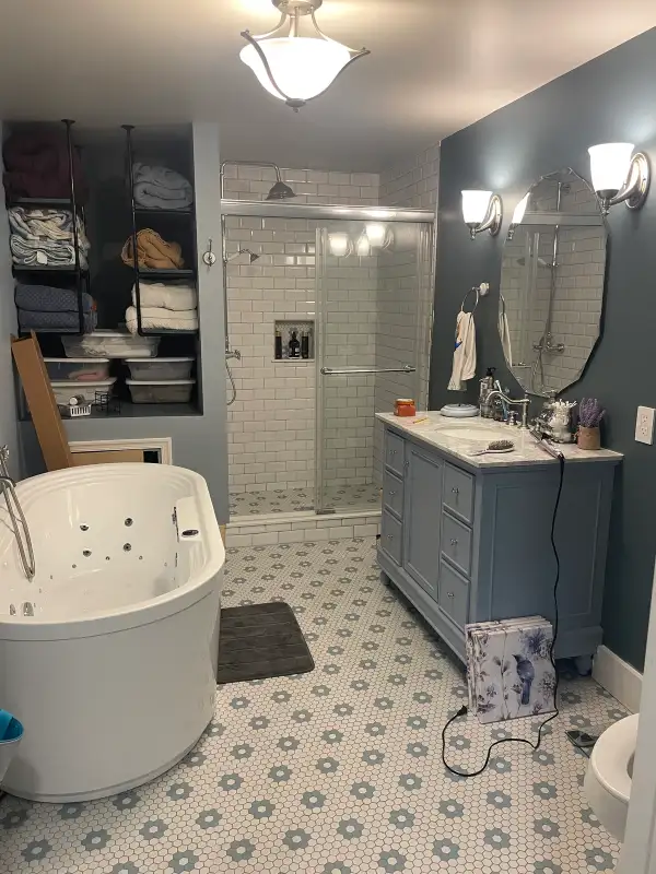 Sicklerville, NJ Ground-Up Primary Bathroom Suite Renovation — Freestanding Jetted Soaker Tub, Custom Subway Tile Walk-In Shower, Designer Hexagon Mosaic Floral Floor Tile, Blue-Gray Painted Vanity, Chrome Fixtures & Full PEX Plumbing Rough-In