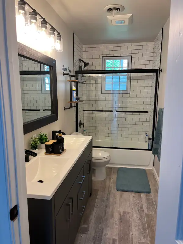 Closet to Full Bathroom Conversion — White Subway Tile, Wood-Look Porcelain Floor Tile, Charcoal Double Vanity & Matte Black Fixtures | Medford, NJ