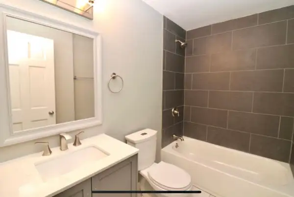 Full Bathroom Gut Renovation — Large Format Charcoal Porcelain Tub Surround, Quartz Vanity Top & Brushed Nickel Fixtures | Haddon Township, NJ