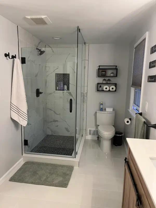 Master Bathroom Gut Renovation — Frameless Glass Shower, Calacatta Marble Porcelain Tile, Dual Barn Door Vanities, Pebble Mosaic Floor & Matte Black Fixtures | Medford, NJ