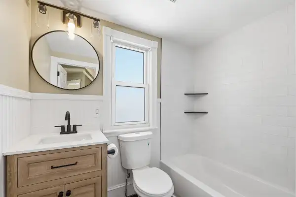 Full Bath & Half Bath Renovation — Beadboard Wainscoting, Wood-Look Vanity, Matte Black Fixtures & White Subway Tile Tub Surround | Barrington, NJ