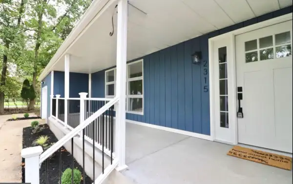 Full Exterior Renovation — Concrete Porch, Board & Batten Siding, Composite Columns & Aluminum Railing | Sicklerville, NJ