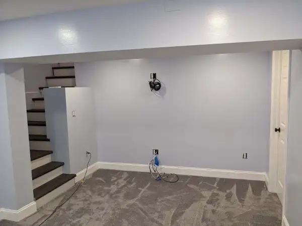 New Egypt, NJ Full Basement Finishing — Mitsubishi Mini-Split HVAC, Plush Gray Carpet, Recessed LED Lighting, Rebuilt Staircase with Dark Hardwood Treads & Multi-Room Layout