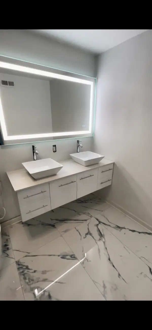 Master Bathroom Complete Gut Renovation — Walk-In Frameless Glass Shower, Calacatta Marble Porcelain Wall Tile, Dual Farmhouse Vanities & Full Matte Black Hardware Package | Cherry Hill, NJ