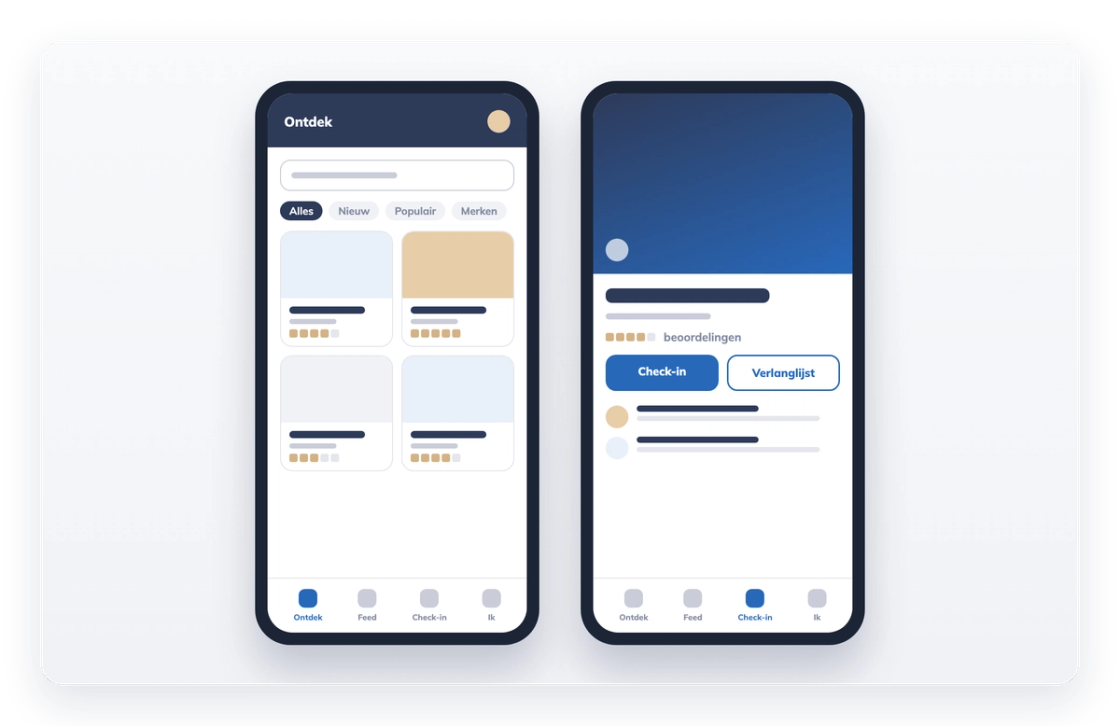 Twee telefoonschermen: ontdekken van producten en een productpagina met check-in