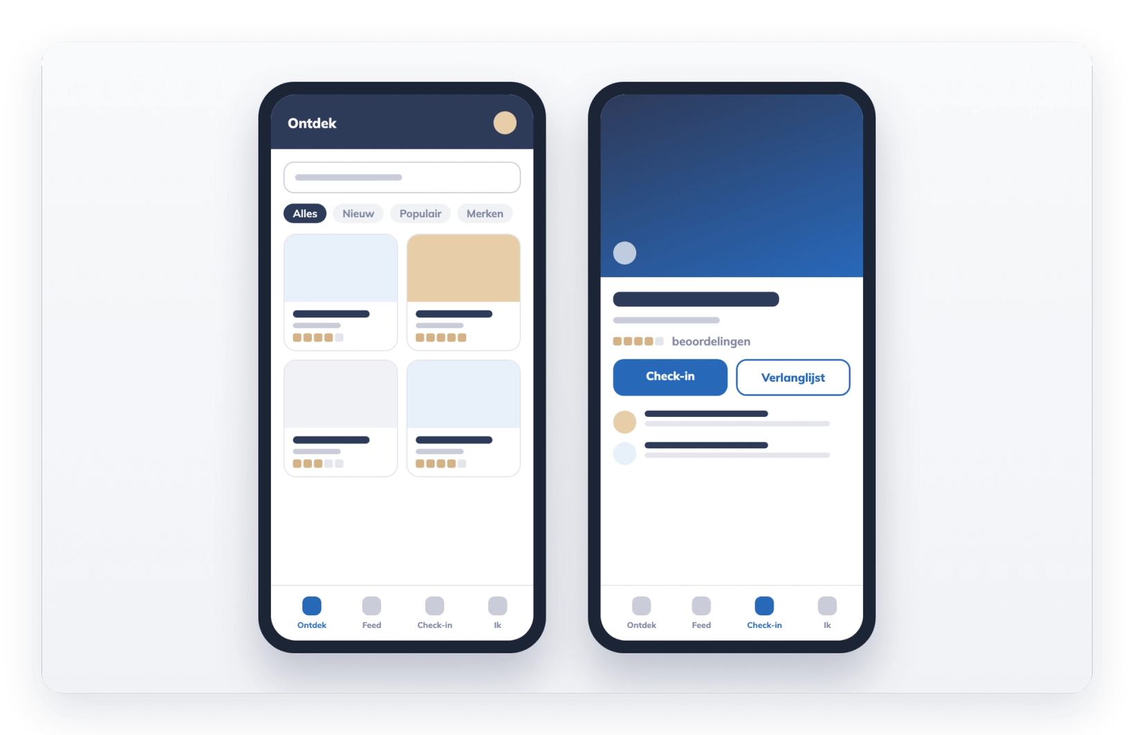 Twee telefoonschermen: ontdekken van producten en een productpagina met check-in