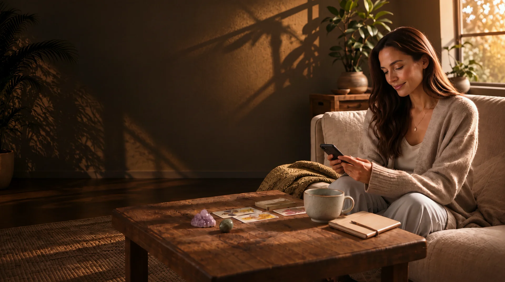 A woman reading on her phone beside a spread of tarot cards and an amethyst on a wooden table