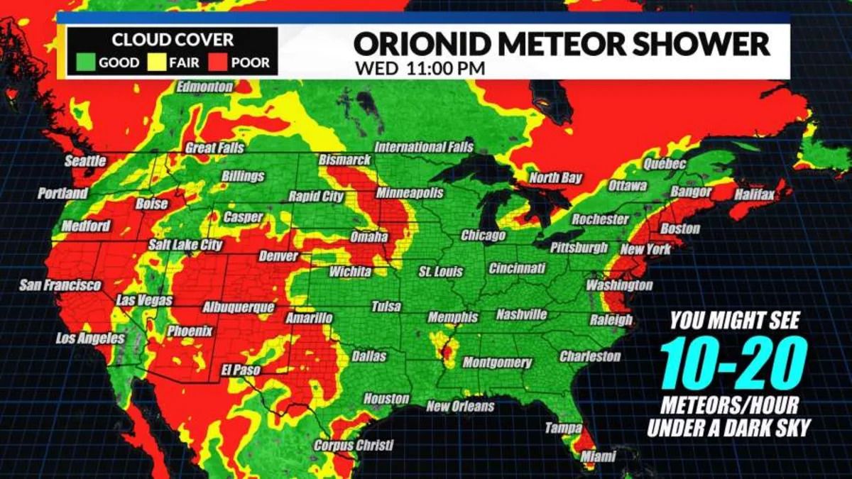 Orionid meteor shower peaks under a bright moon, with rates of 10 to 20 per hour