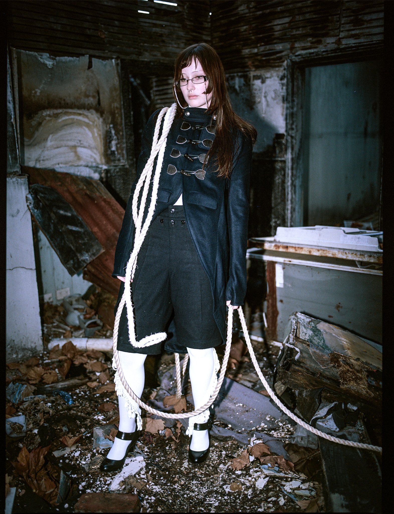Navy Duffle coat / USN shorts / Embellished tights