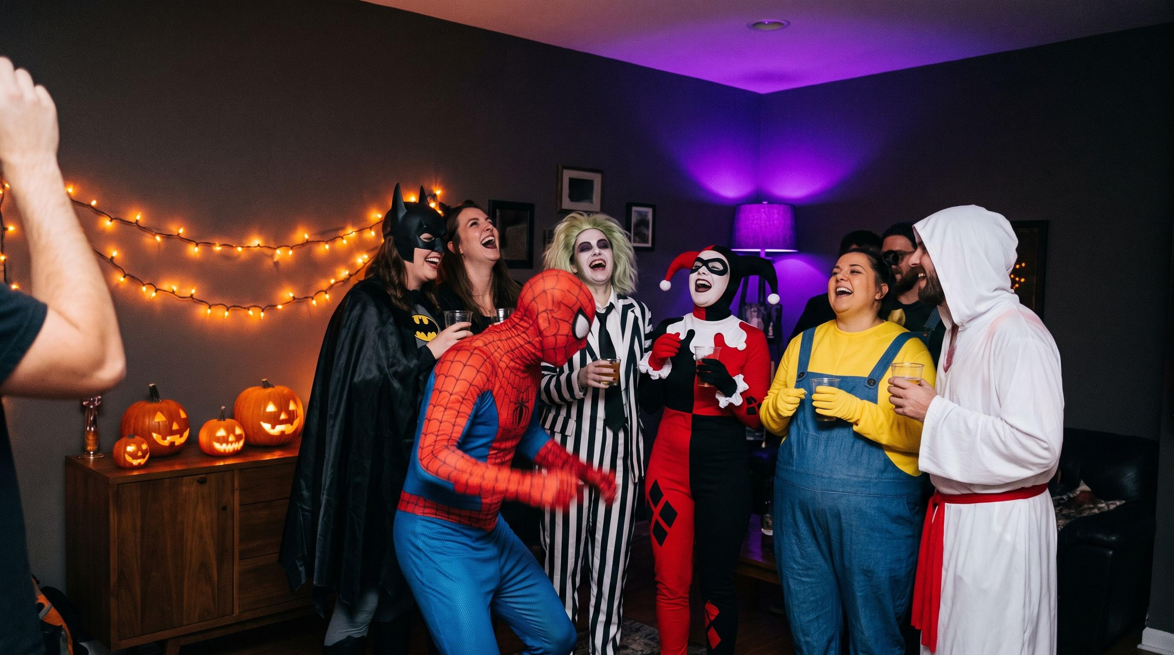 Un grupo de gente disfrazada riéndose en una fiesta de Halloween, con calabazas y luces de colores detrás