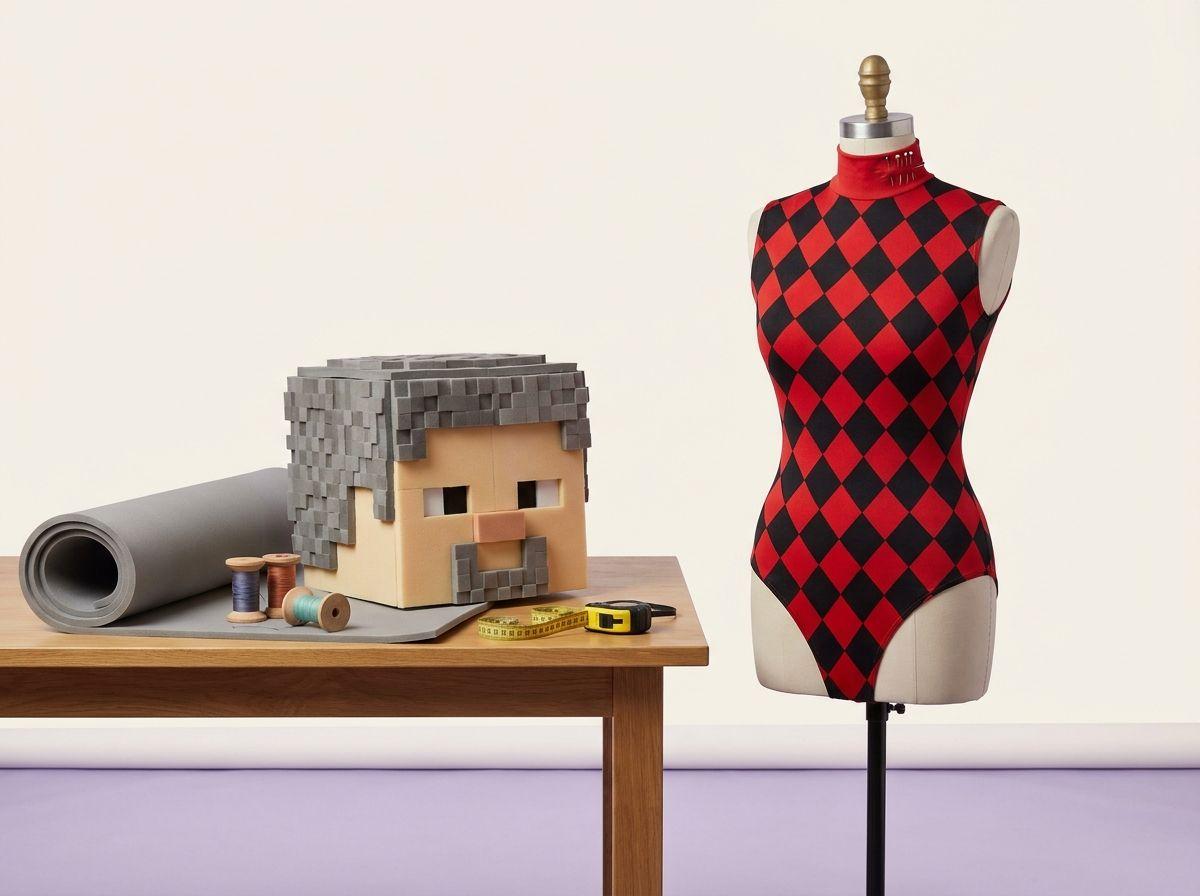 Un rincón del taller: hilos, el cabezón de píxeles a medio montar y un maniquí con el mono de rombos
