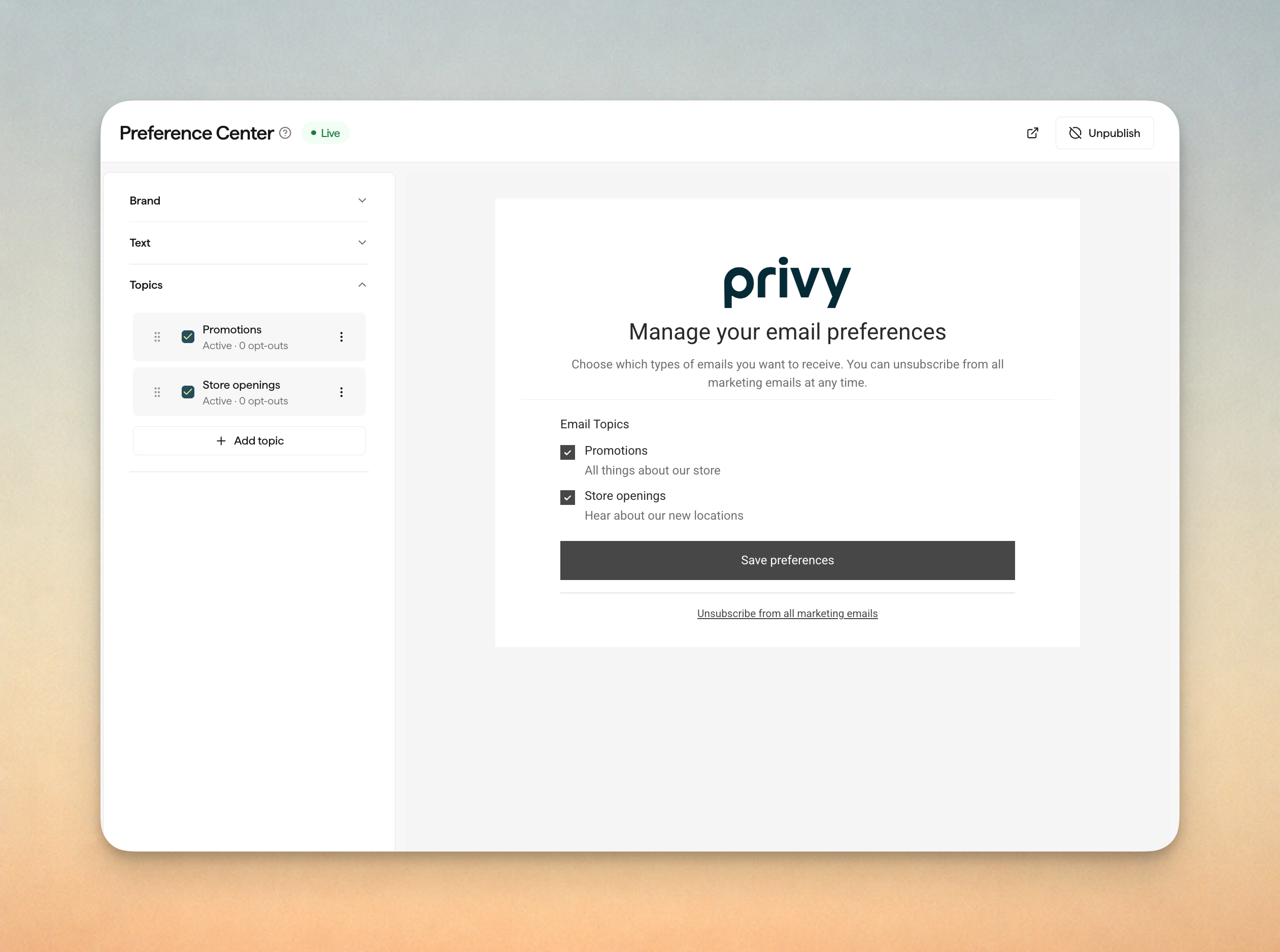 Preference center overview in Privy app