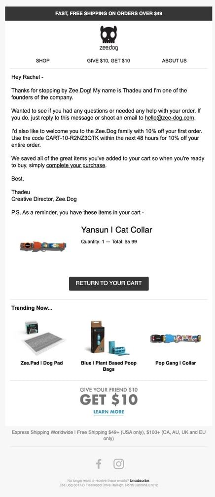 Zee.Dog Abandoned Cart Email