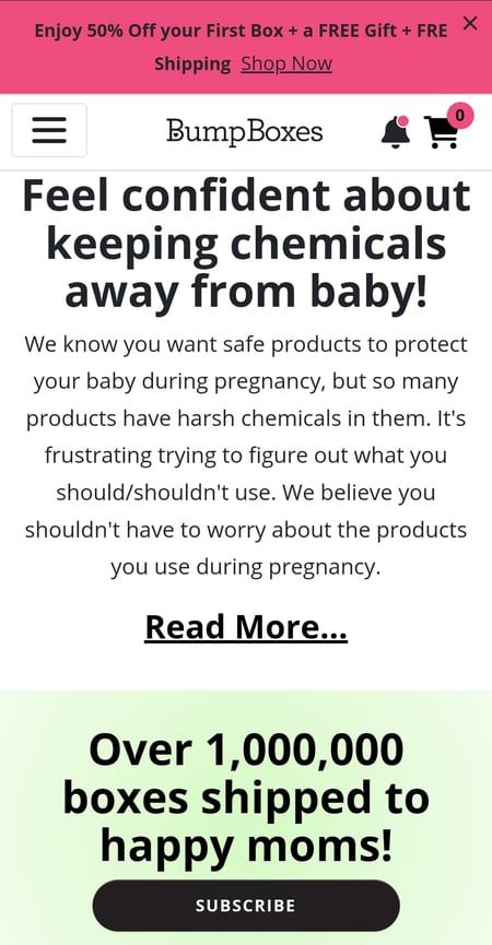 Screenshot of Bump Boxes’ mobile website with a mention that one million moms have received their product
