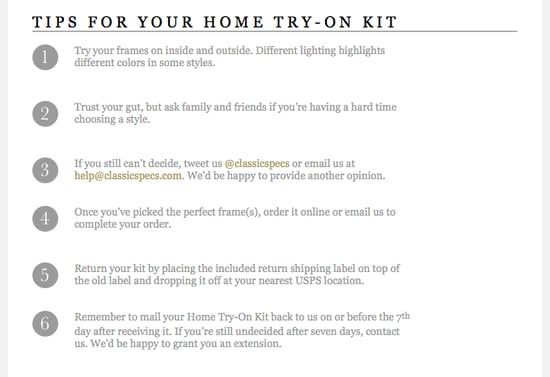 A section of an order confirmation email from Classic Specs showing the proper steps for trying on a pair of eyeglass frames.