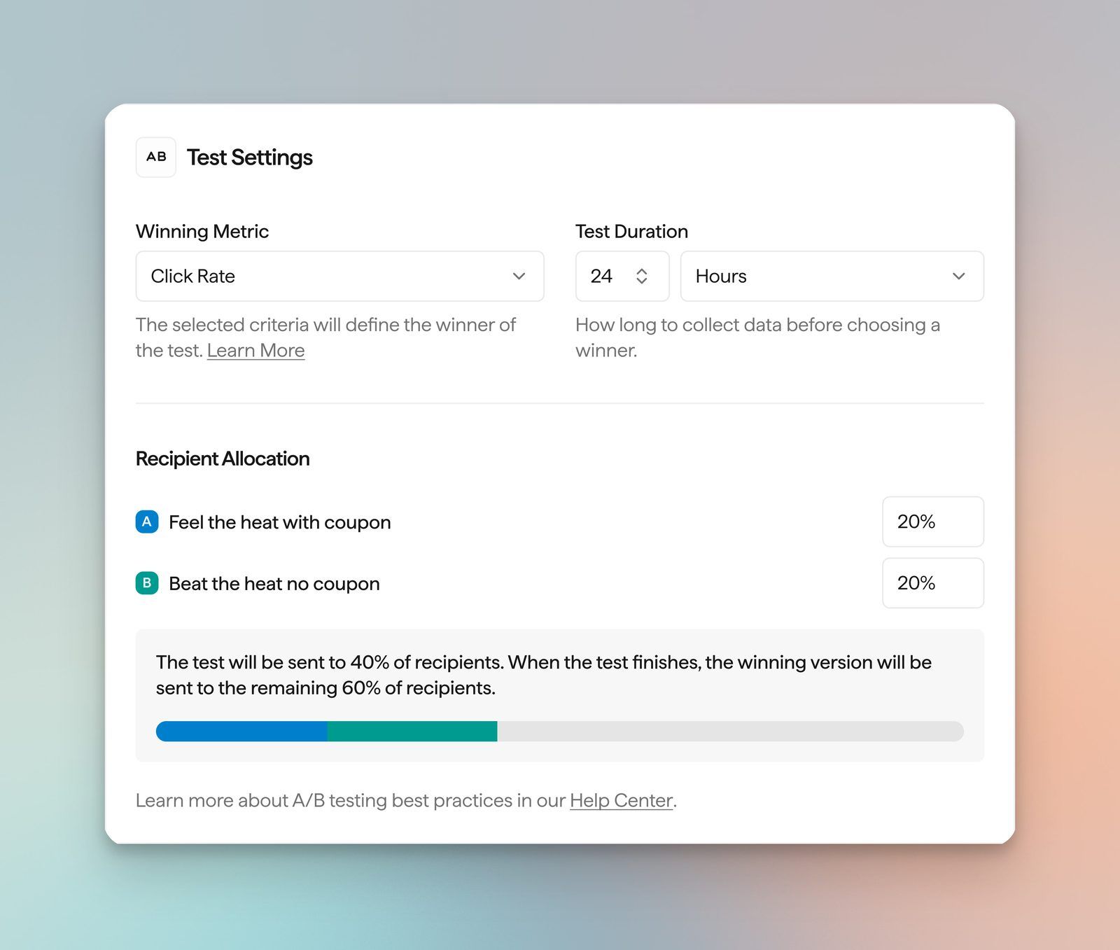 A/B Test Settings with winning metric, duration, and recipient allocation