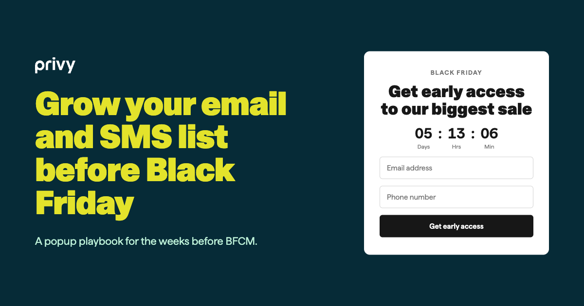 Example Black Friday early-access popup collecting email and SMS sign-ups, with a countdown timer.