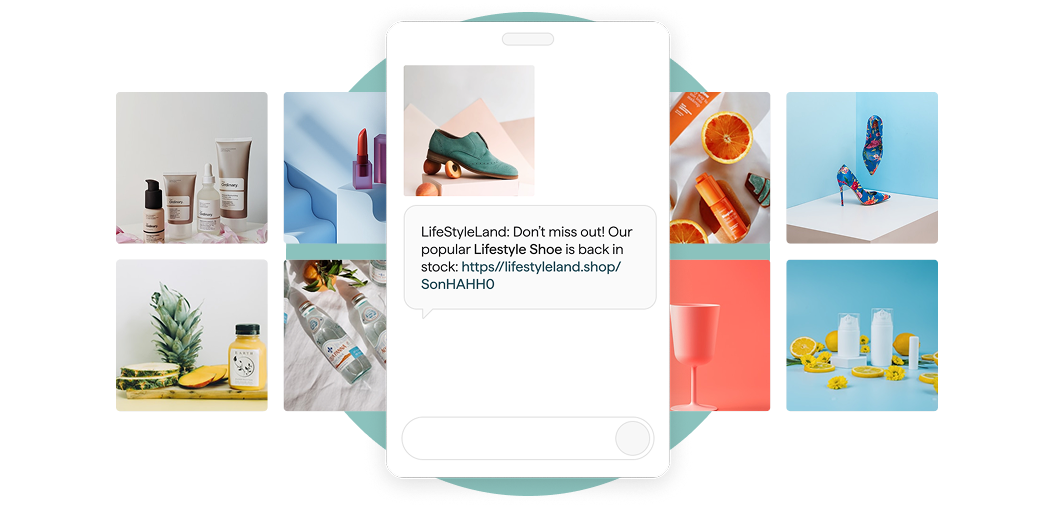Product mockup showcasing dynamic images in SMS flows and campaigns